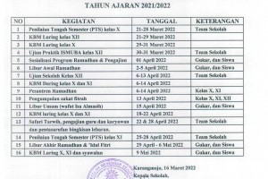 Agenda Kegiatan Sekolah Semester Genap Tahun 2021/2022 s.d. Ramadhan